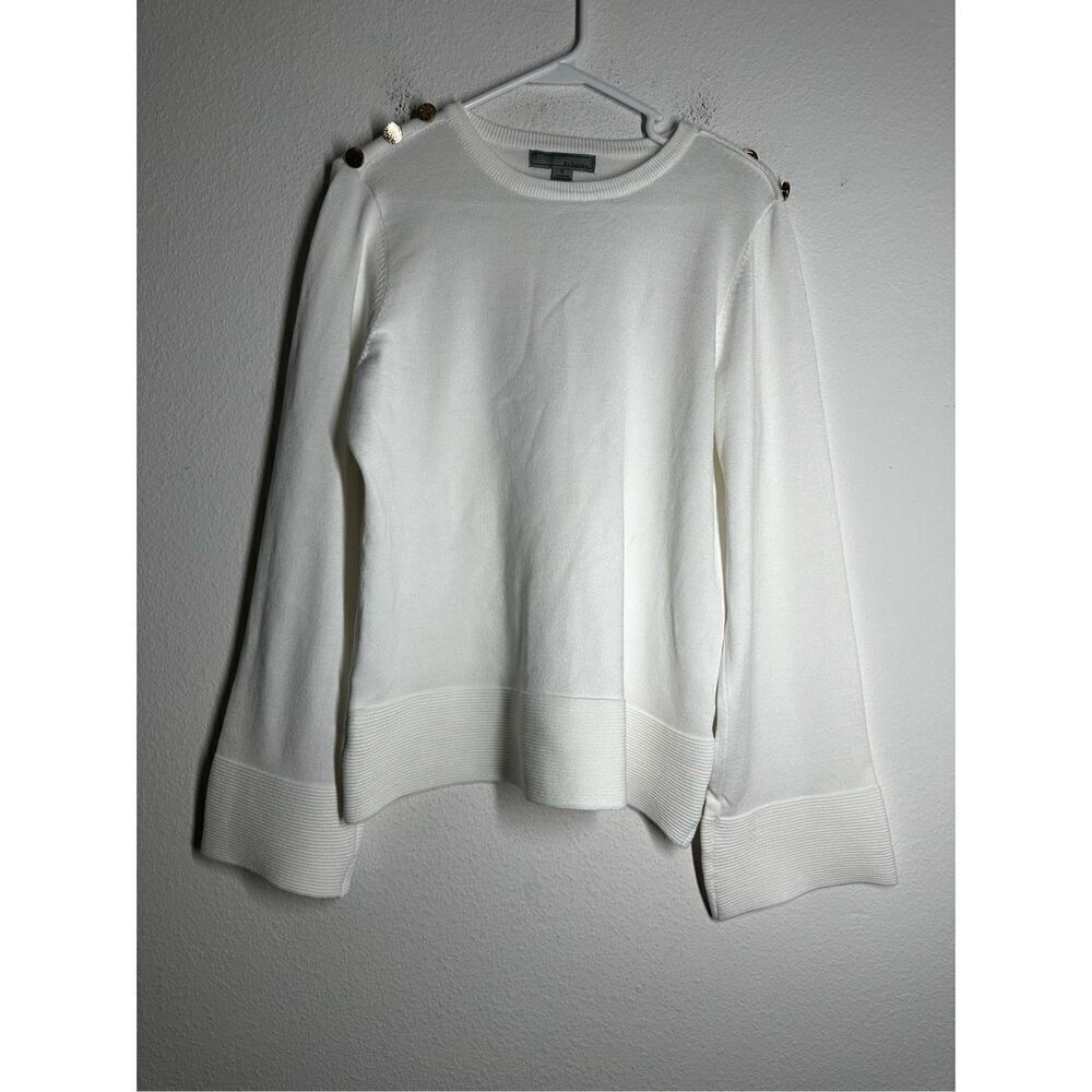 By Design Women’s White Boho Sweater Flared Sleeve Gold Color Trim Buttons Sz XL